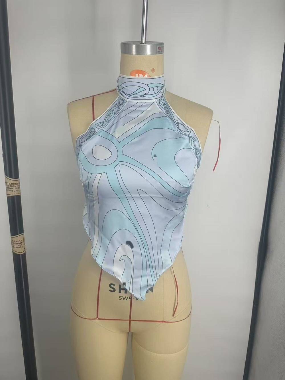 Emilio Pucci Light Blue & White High-Neck Silk Scarf Halter Top